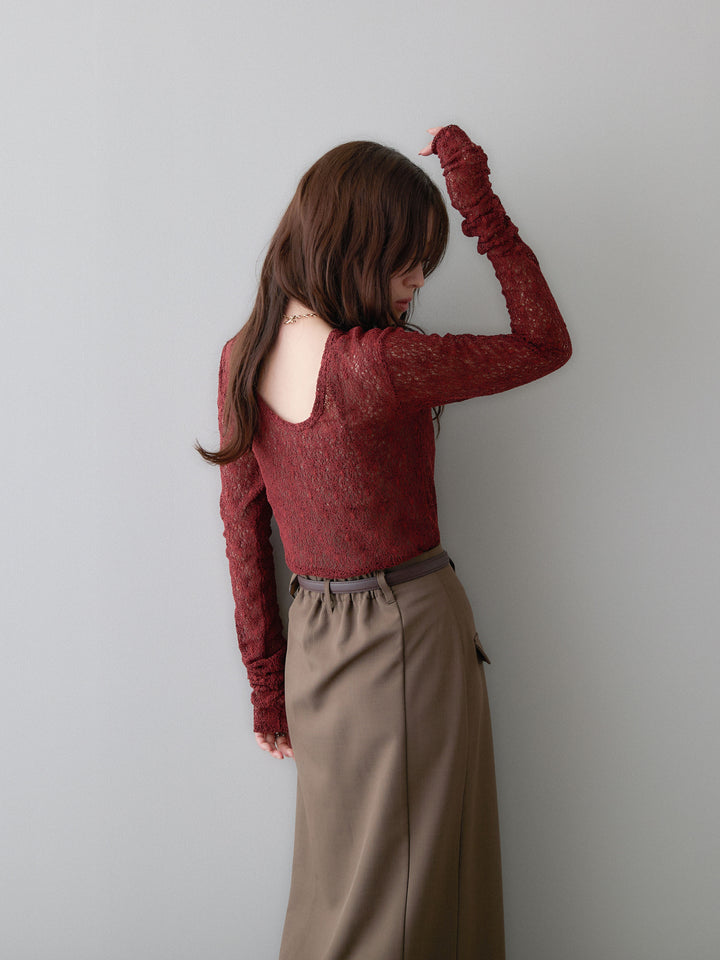 [SET]メッシュレースバックオープントップス+クレープデシンフラップ付きストレートスカート(2set)