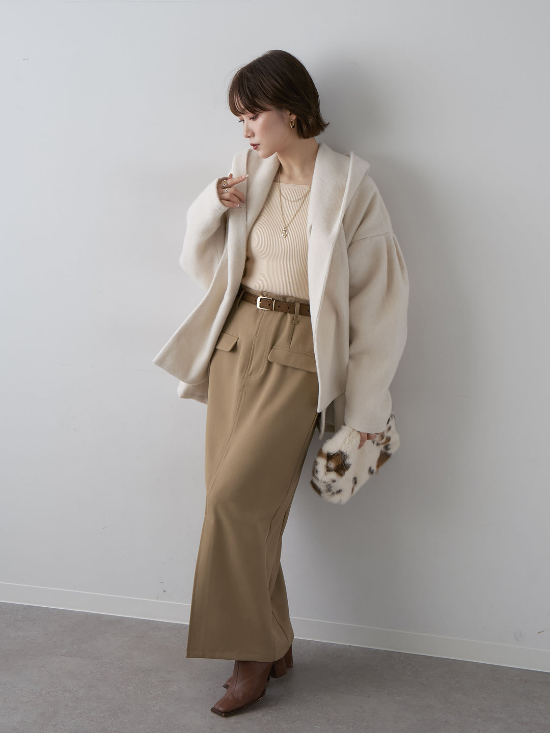 [SET]フードマフ付メランジコート+クレープデシンフラップ付きストレートスカート(2set)