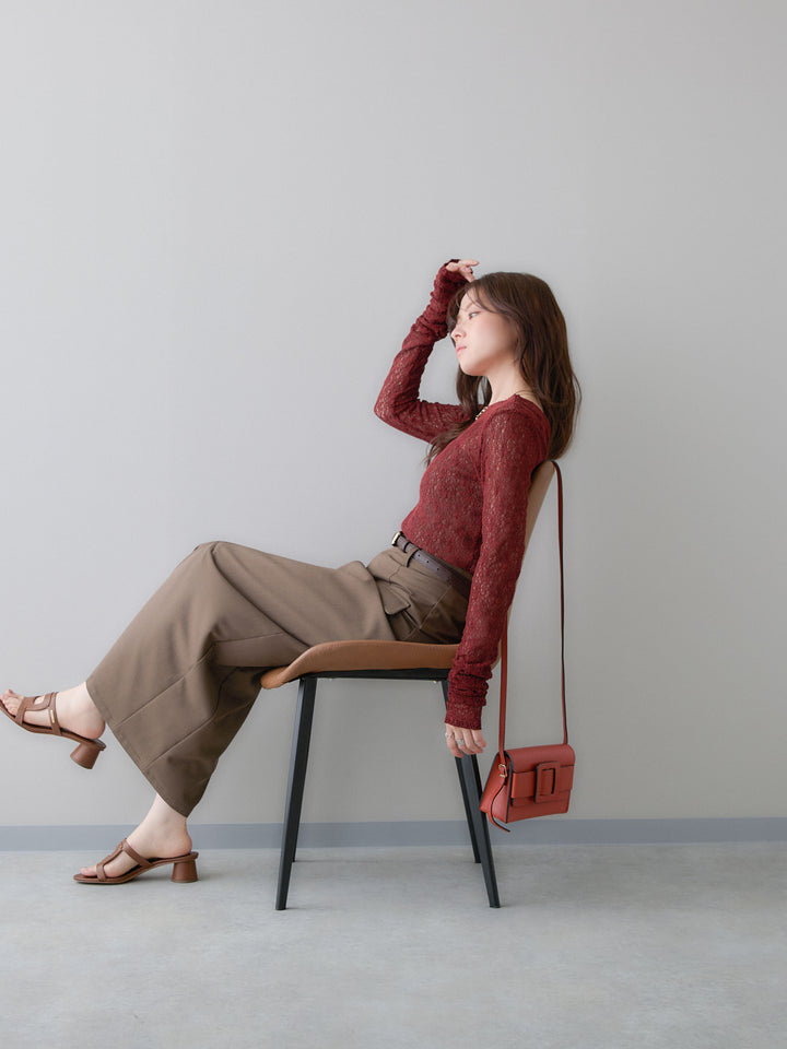 [SET]メッシュレースバックオープントップス+クレープデシンフラップ付きストレートスカート(2set)