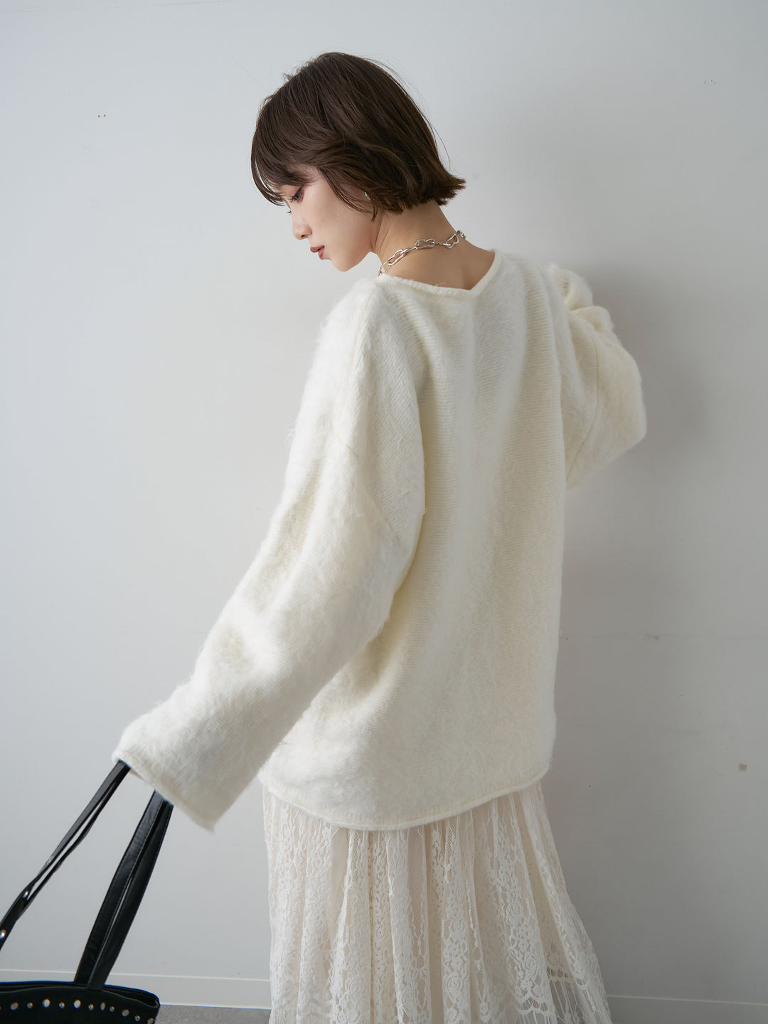 [予約]ボートネックシャギーオーバーニットトップス/ivory