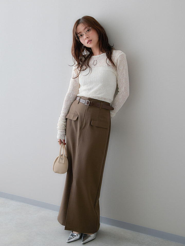 [SET]メッシュレースバックオープントップス+クレープデシンフラップ付きストレートスカート(2set)
