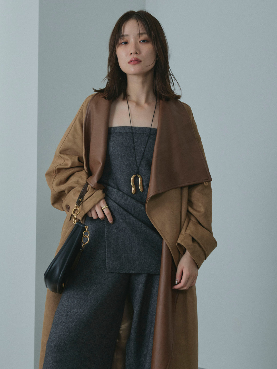 【Allure】[SET]ニットベアトップ＆ワイドパンツSET UP+レザーカラースウェードロングコート(2set)
