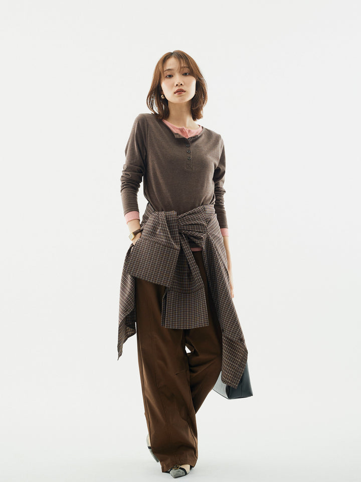 【Allure】[SET]配色レイヤードヘンリーネックトップス+タフタワイドカーブパンツ+チェックBIGカフスオーバーシャツ(3set)