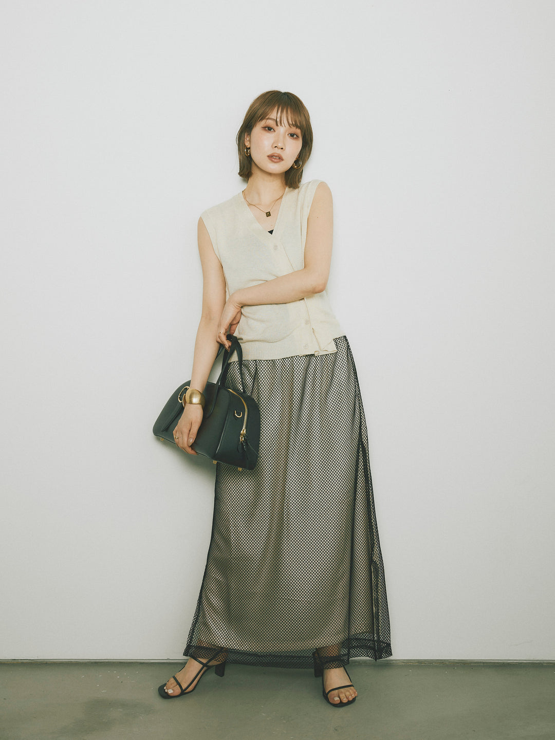 [SET]2WAYデザインニットベスト+メッシュレイヤードスカート(2set)