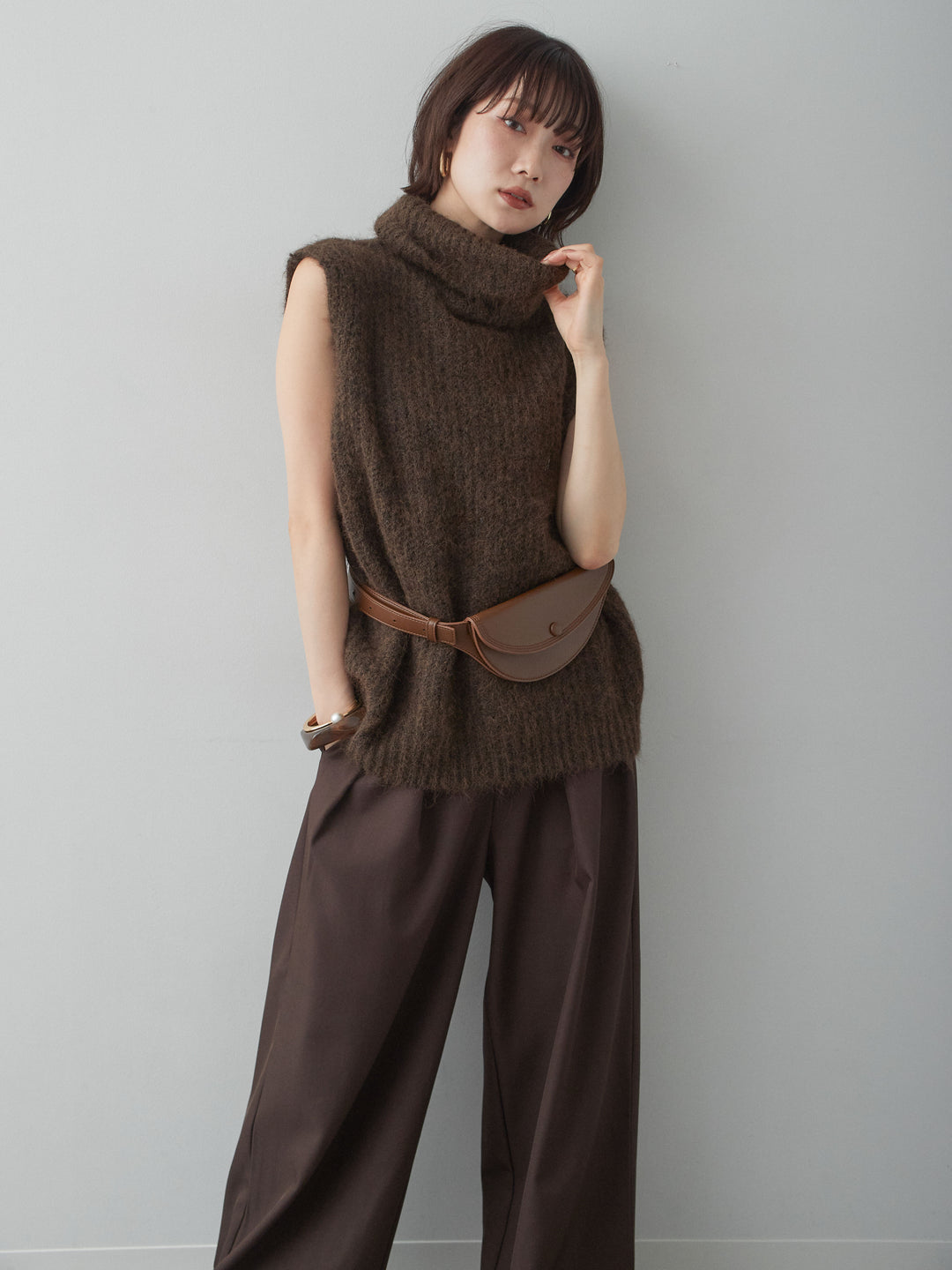 [SET]ハイネックシャギーオーバーニットベスト+ツイルタックワイドパンツ(2set)