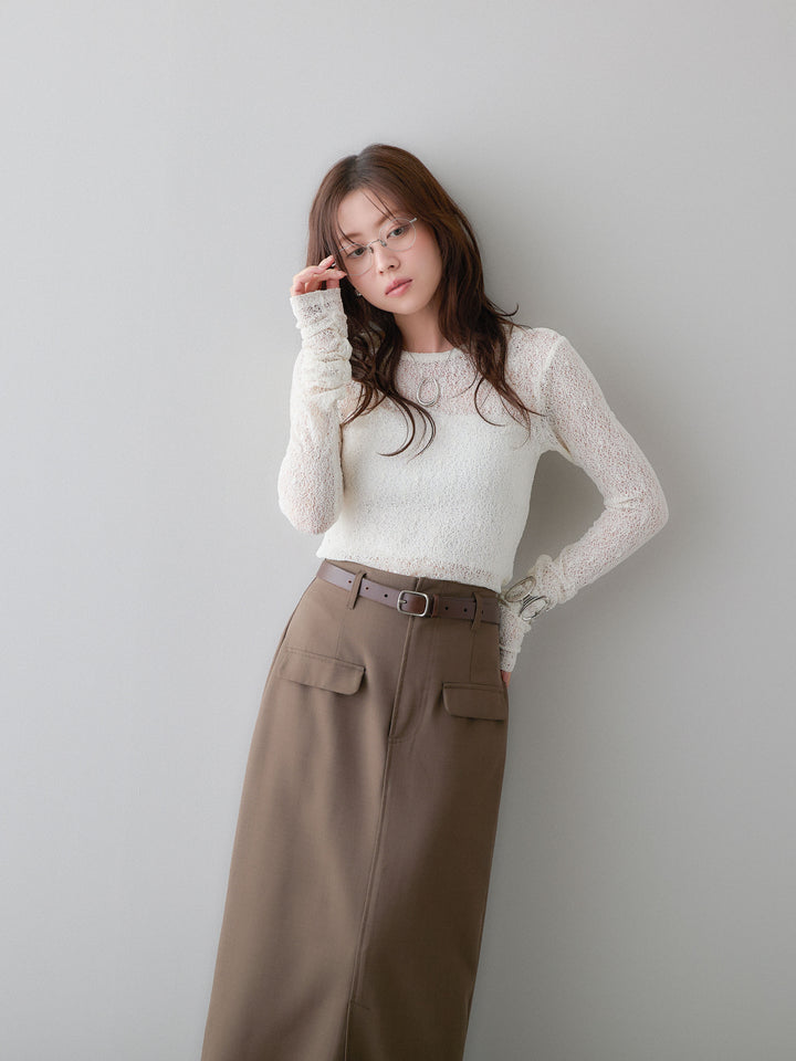 [SET]メッシュレースバックオープントップス+クレープデシンフラップ付きストレートスカート(2set)