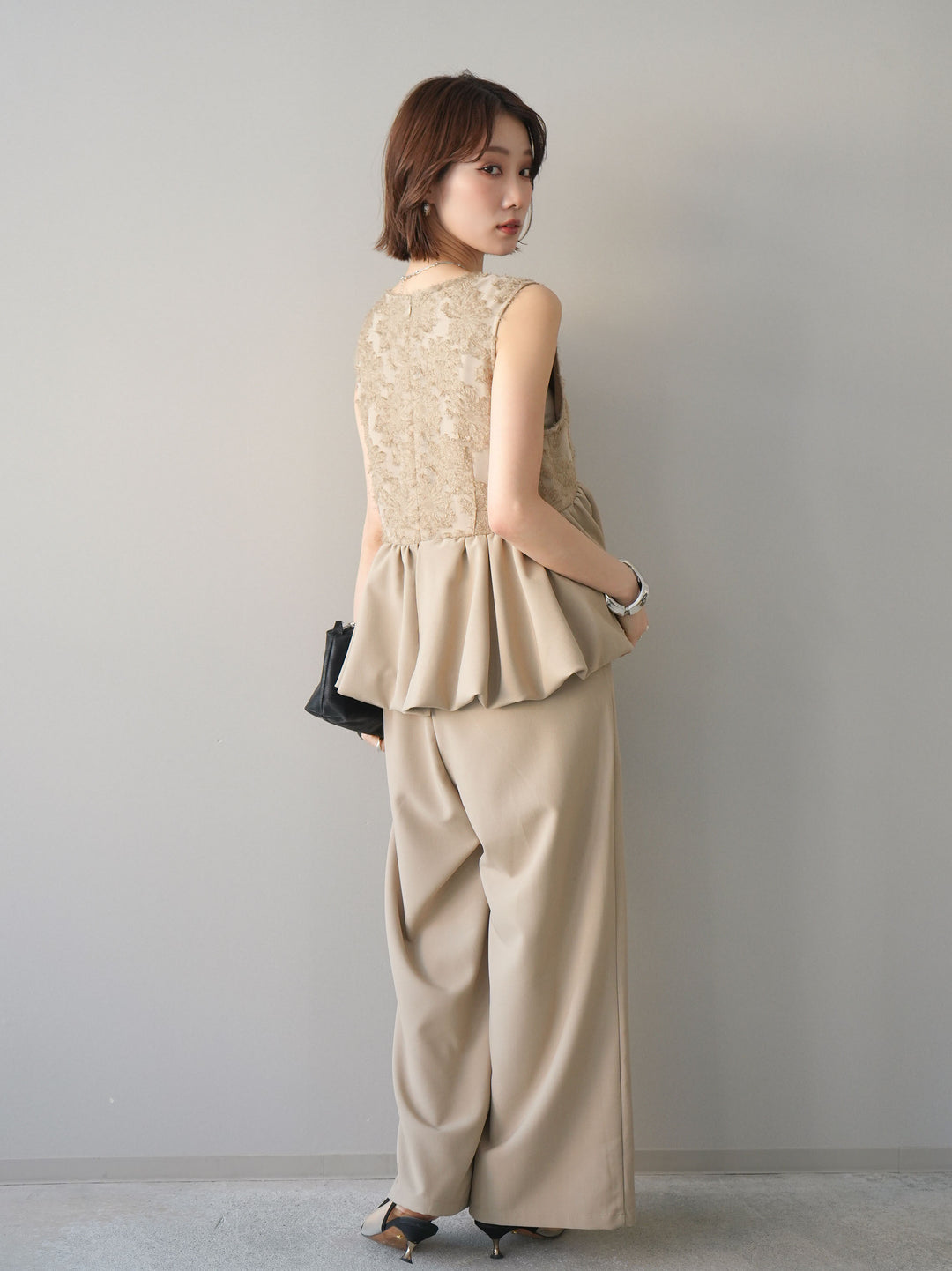 [予約]ジャガードレースぺプラムドッキングサロペット/beige