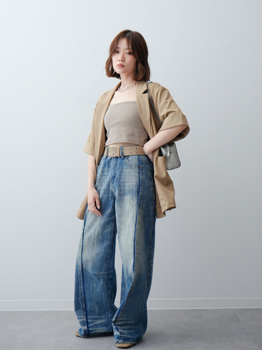 [SET]クレープデシンハーフジャケット+縦ウォッシュワイドデニムパンツ(2set)