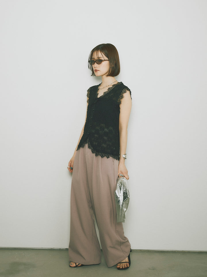 【Allure】[SET]レース切替テープヤーンノースリーブトップス+マーベルトワイドパンツ(2set)