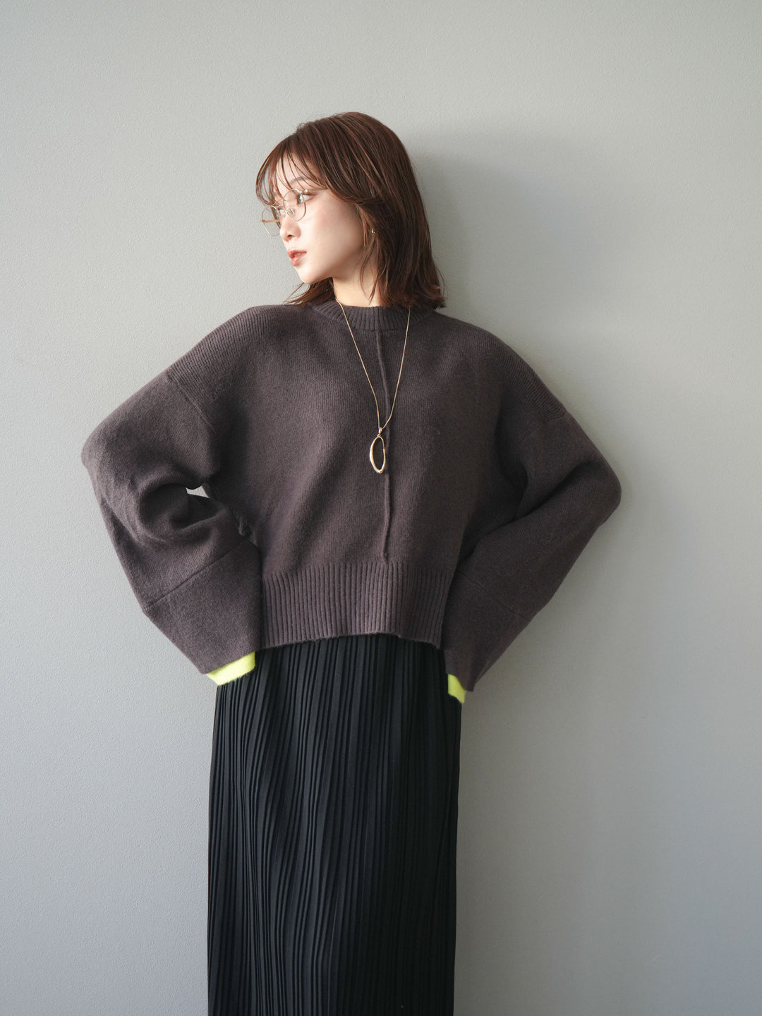 [予約]袖レイヤード配色ニットプルオーバー/brown