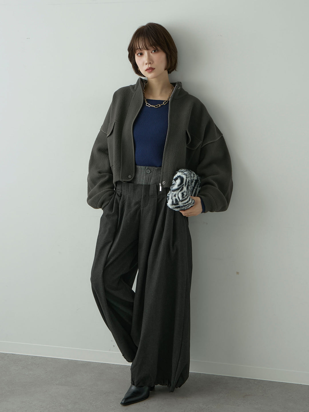 [SET]圧縮ニットショートブルゾン+ウエストデザインドロストワイドパンツ(2set)