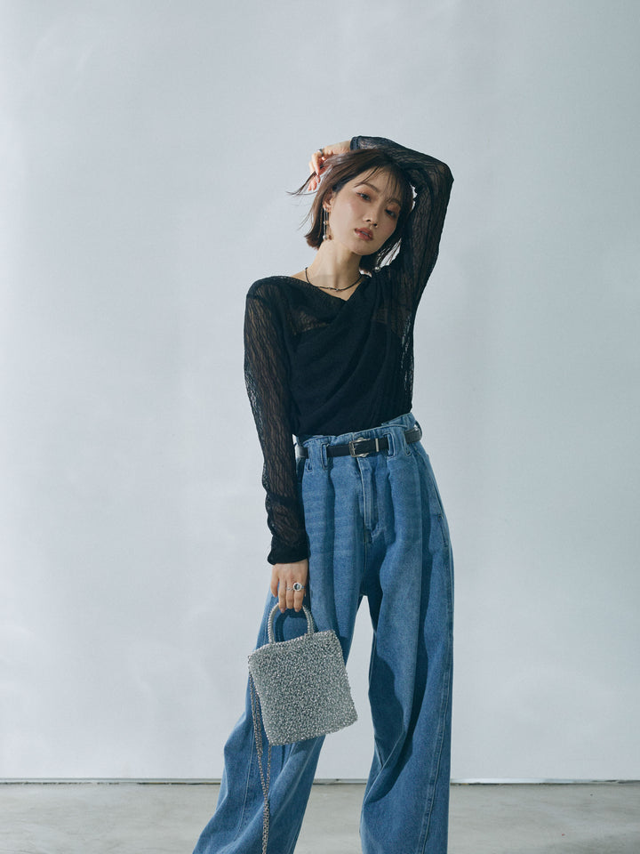 [予約]ストレッチレースドレープトップス/black