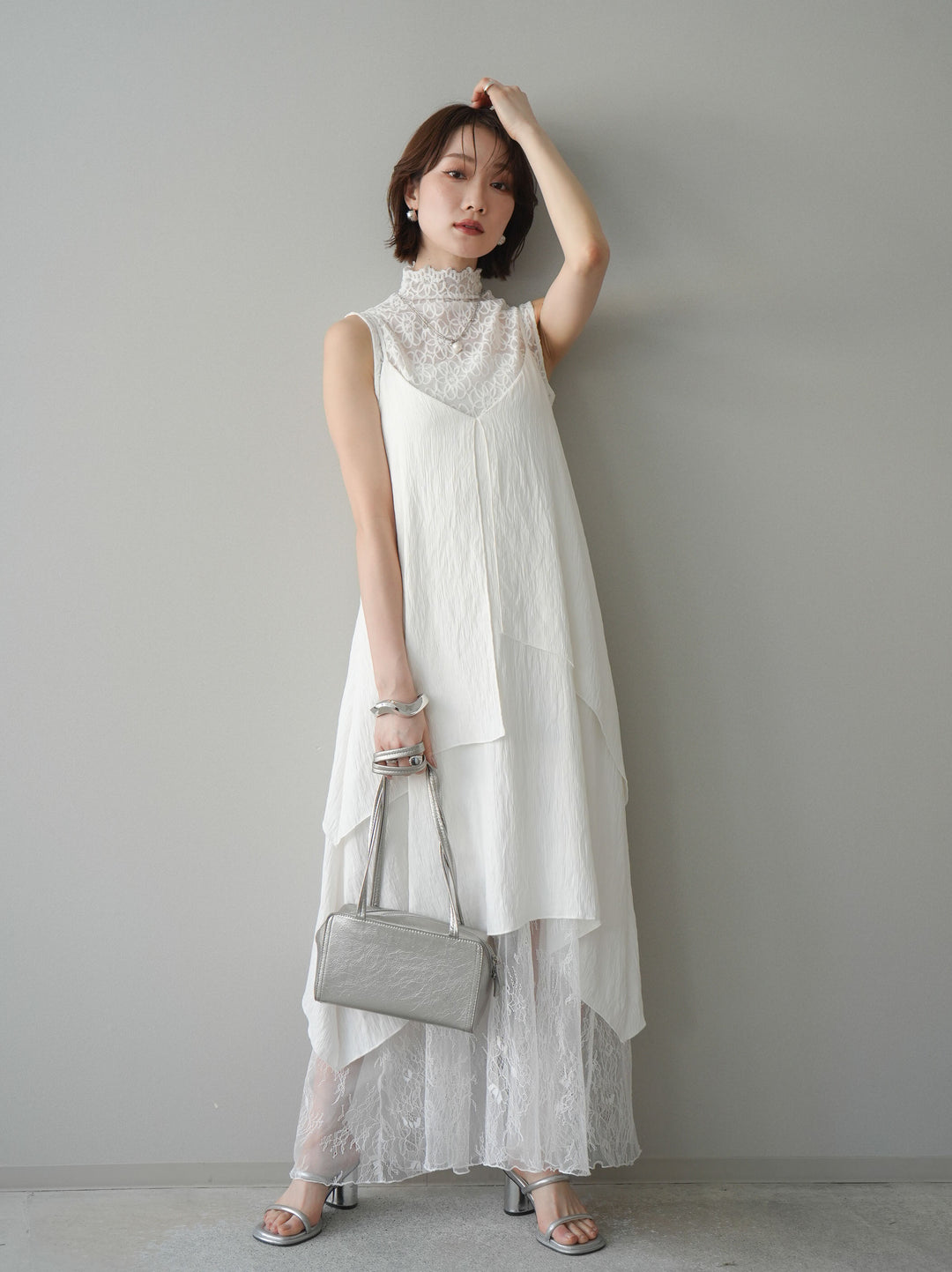 [予約]レース切替アシンメトリーワンピース/white