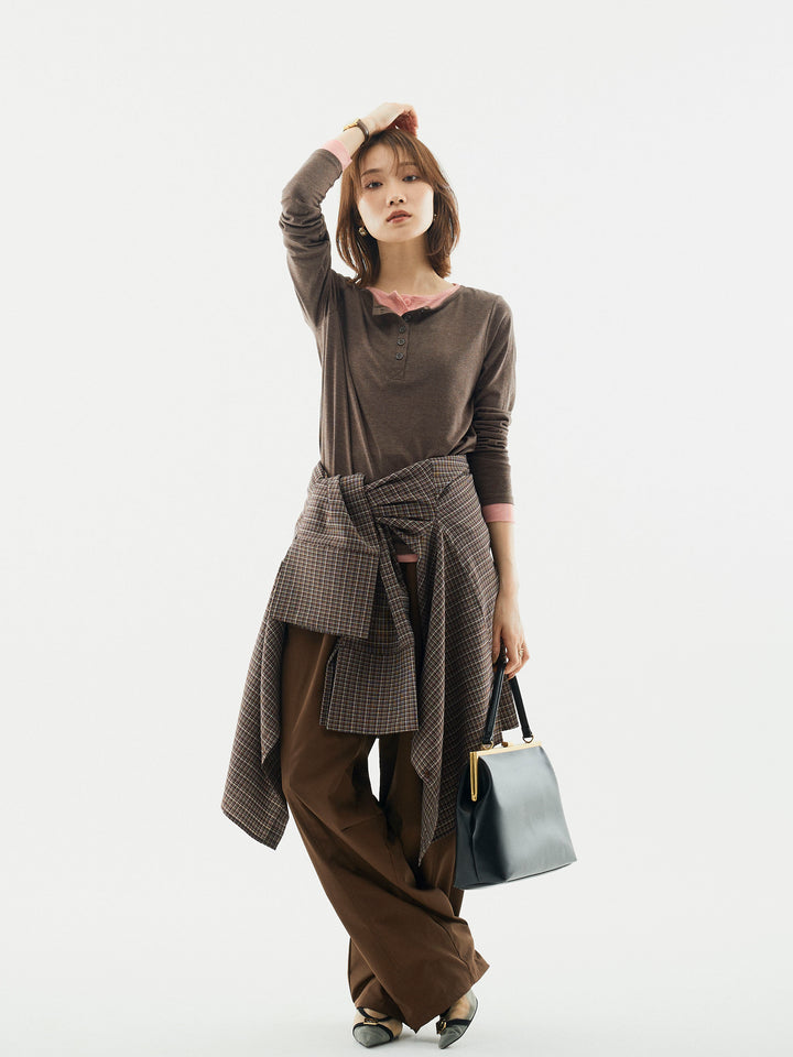 【Allure】[SET]配色レイヤードヘンリーネックトップス+タフタワイドカーブパンツ+チェックBIGカフスオーバーシャツ(3set)