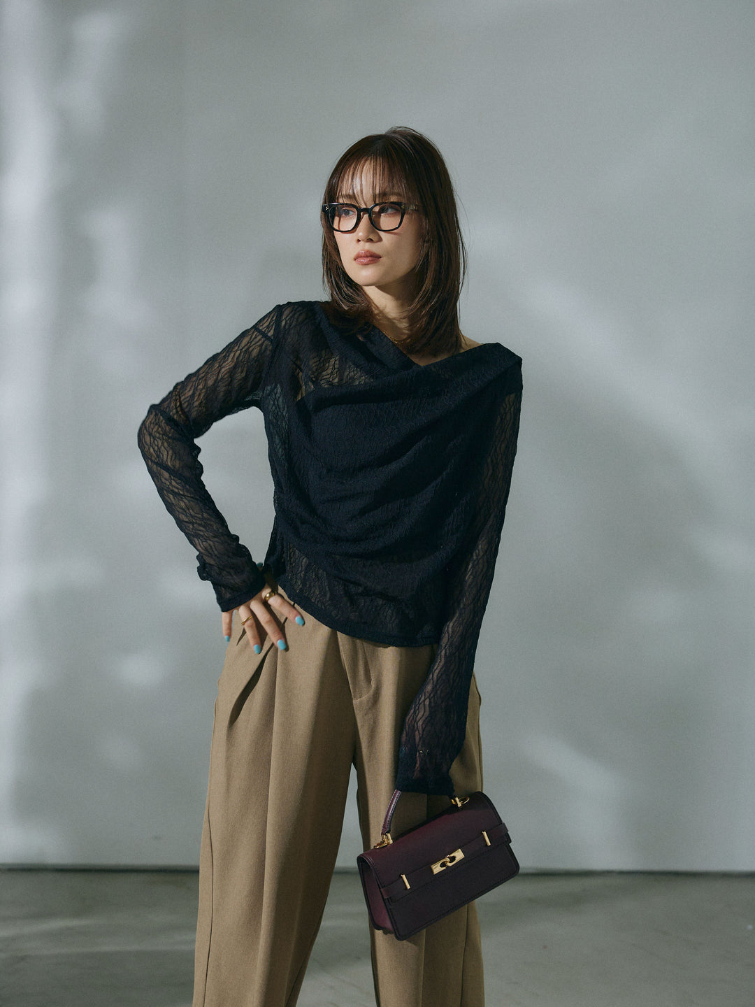 [予約]ストレッチレースドレープトップス/black