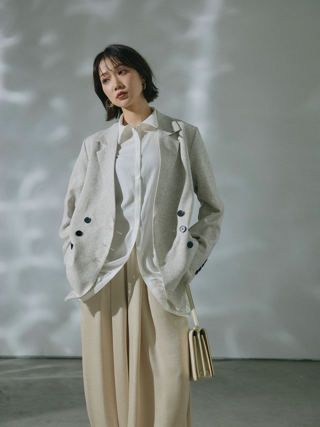 【Allure】[SET]スラブツイードフリンジテーラージャケット+裾レースポプリンシャツ(2set)