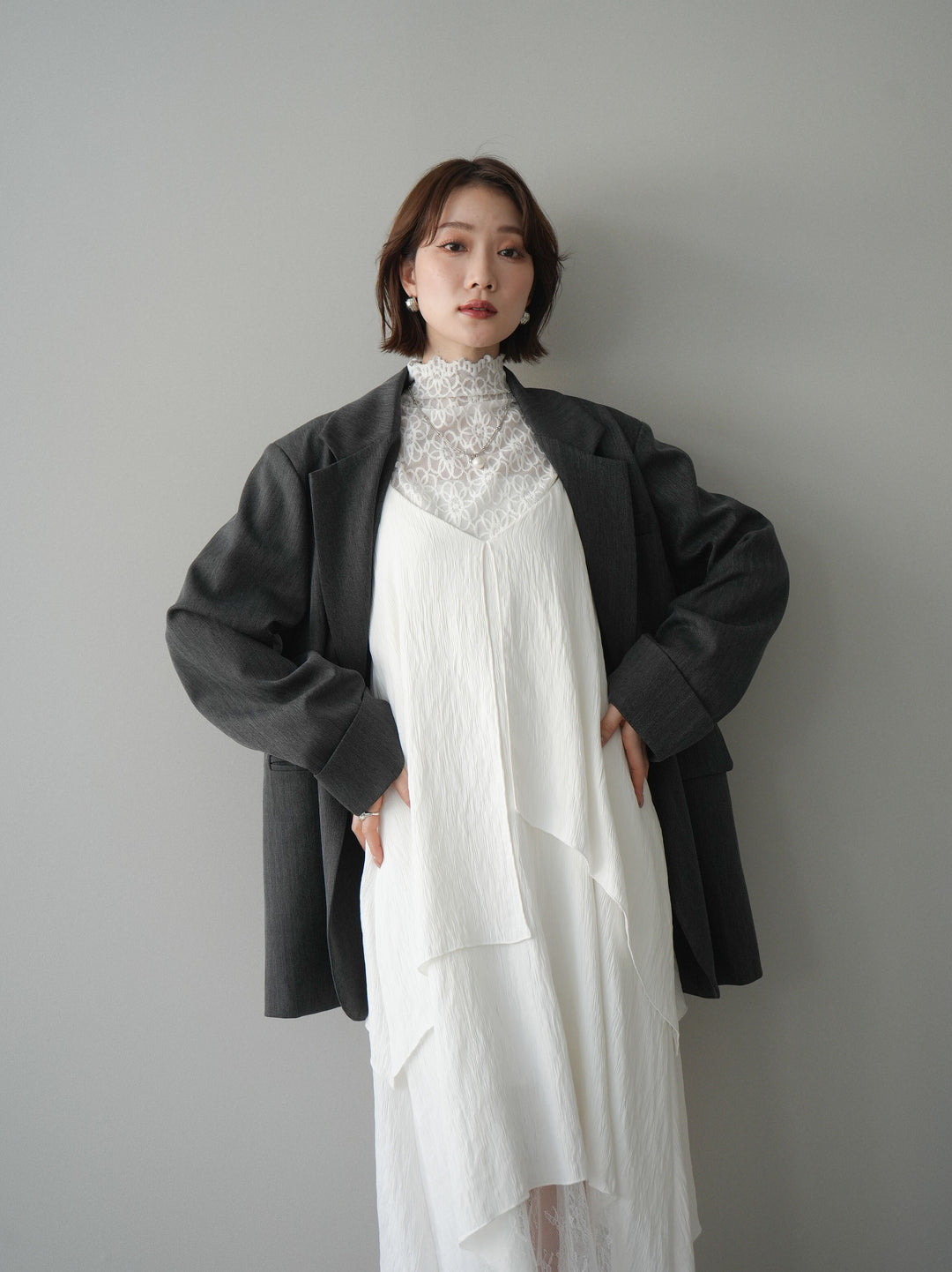[予約]レース切替アシンメトリーワンピース/white