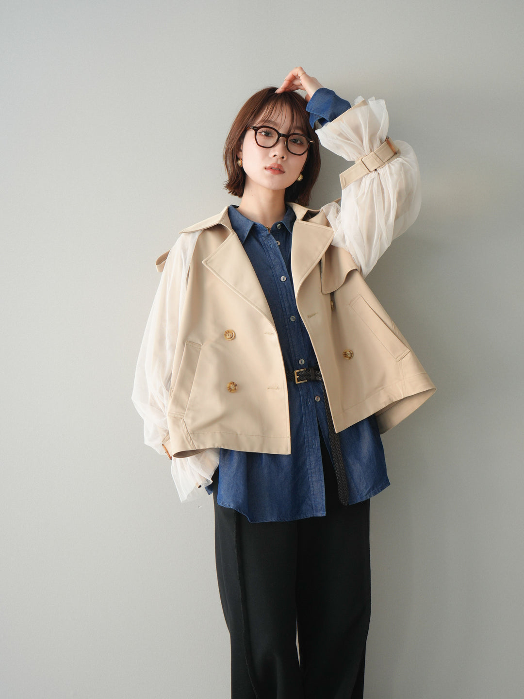 [予約]チュールレイヤードボリュームスリーブショートトレンチコート/beige