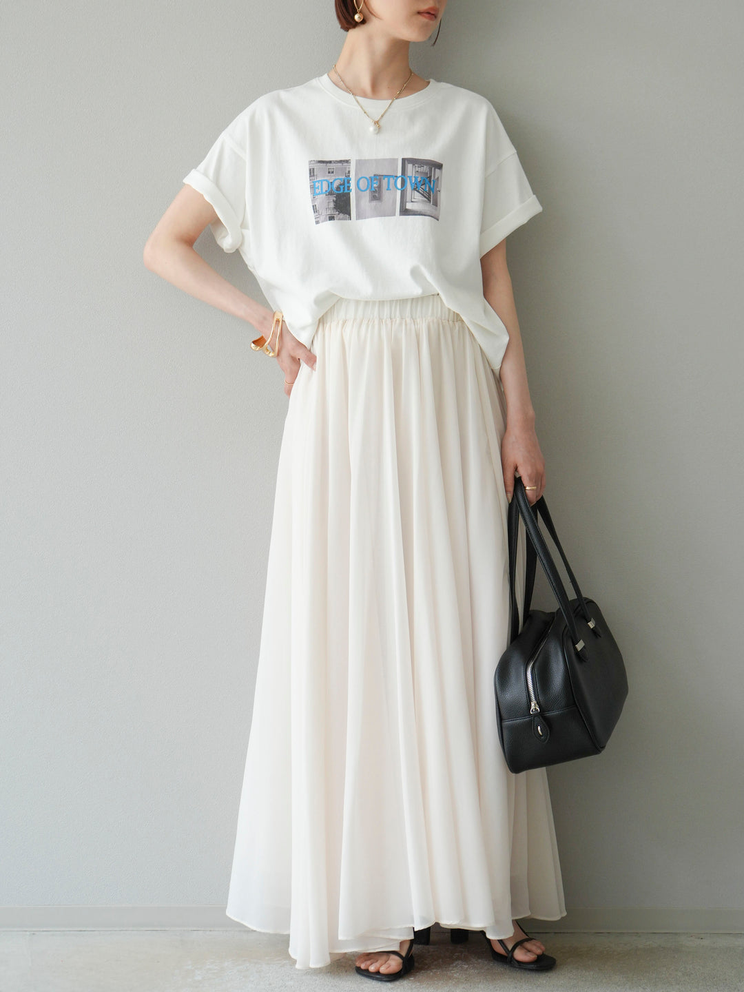 [SET]ネオンロゴコラージュフォトプリントオーバーTシャツ+シフォンフレアスカート(2set)