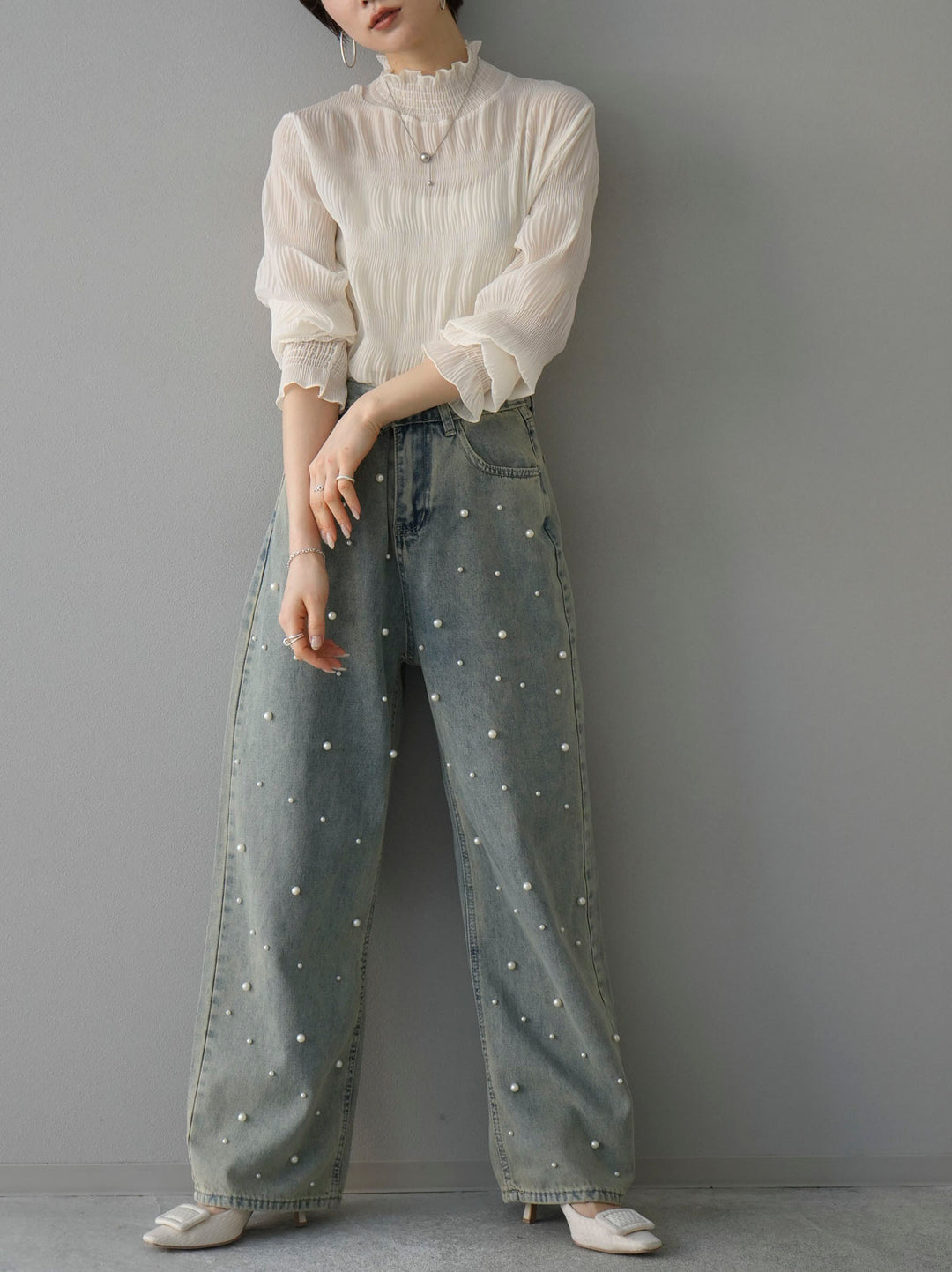 [予約]シャーリングシフォンブラウス/アイボリー