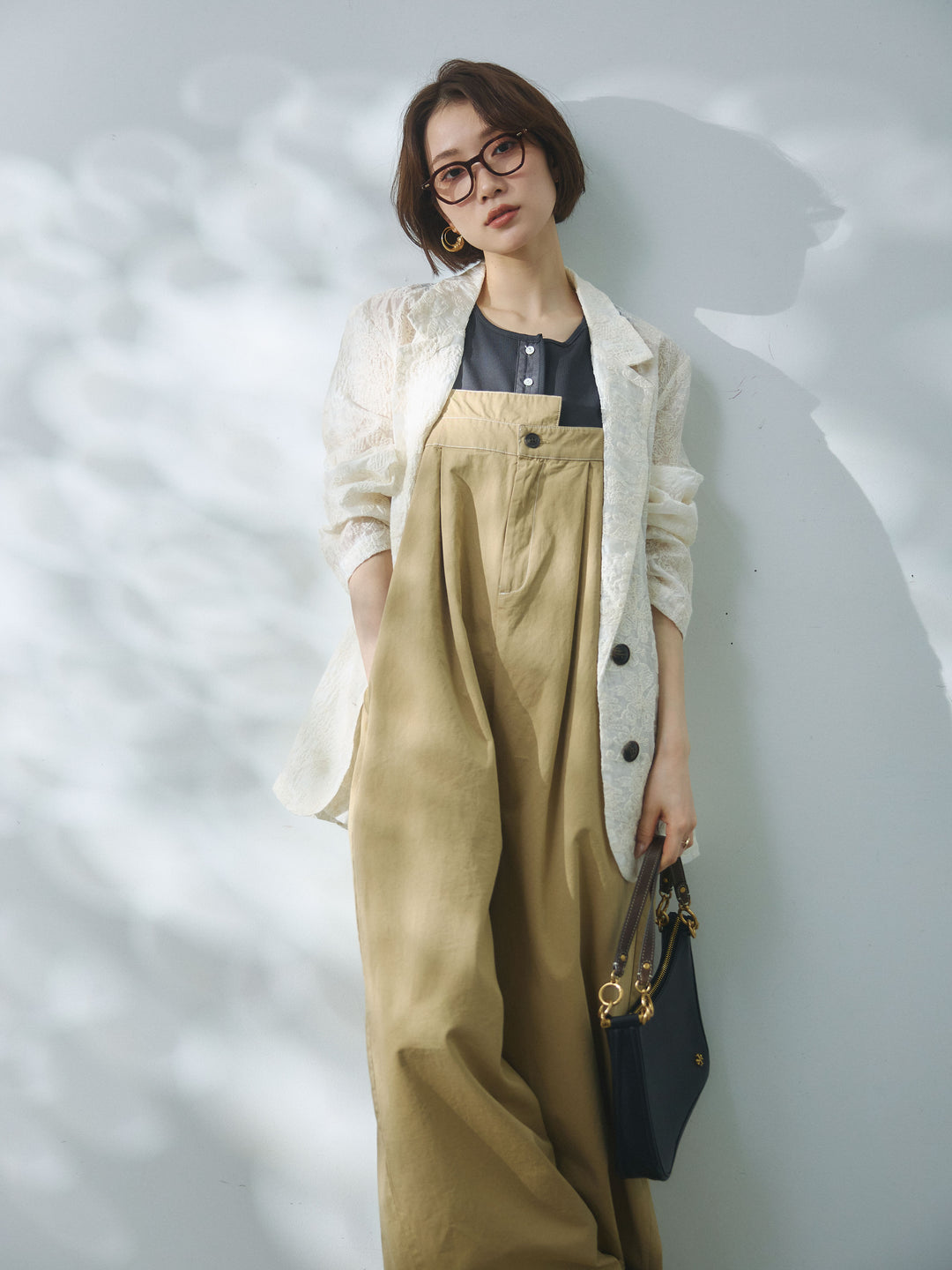 [予約]カットオフコットンツイル配色ステッチサロペット/beige