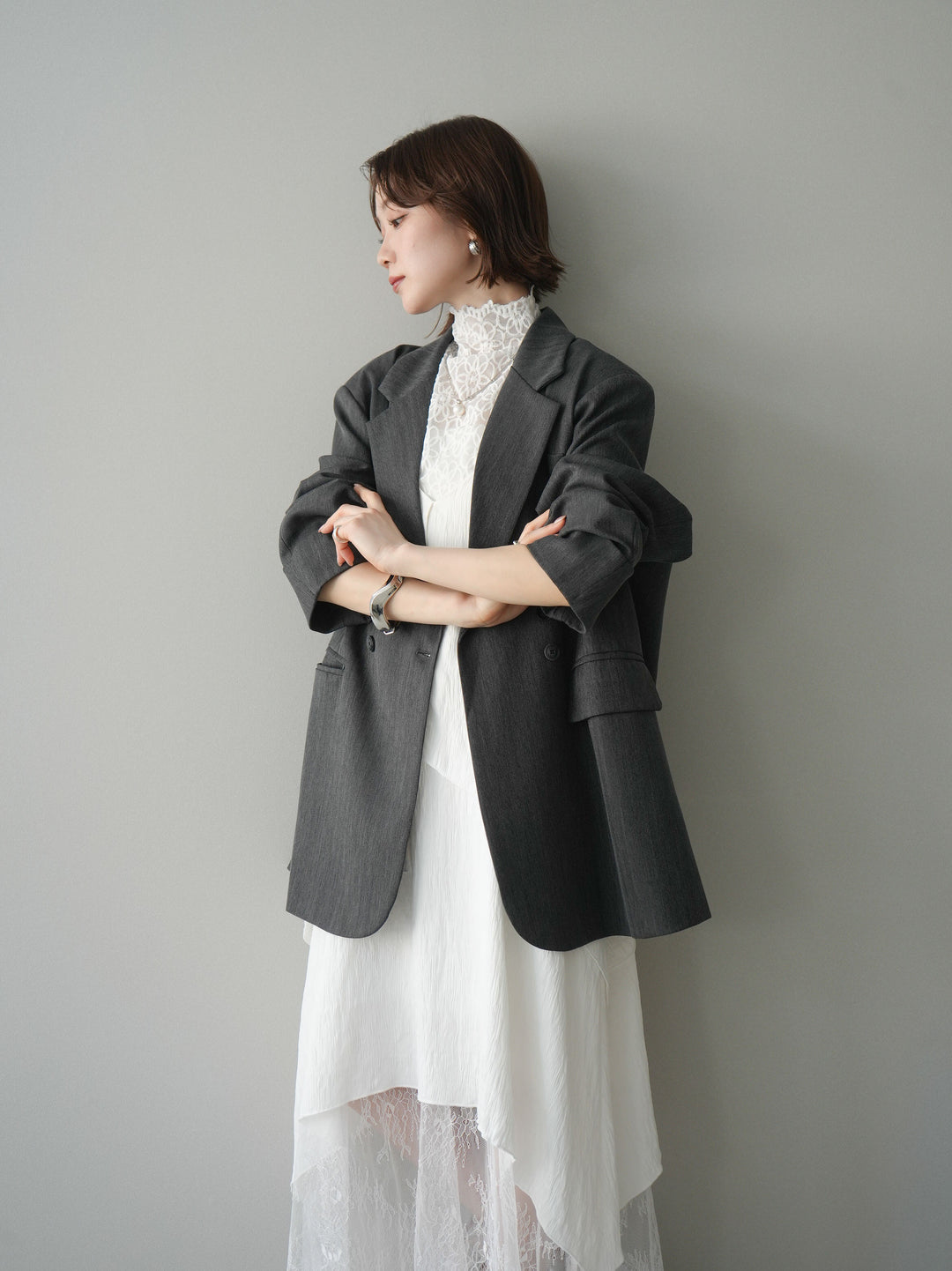 [予約]レース切替アシンメトリーワンピース/white
