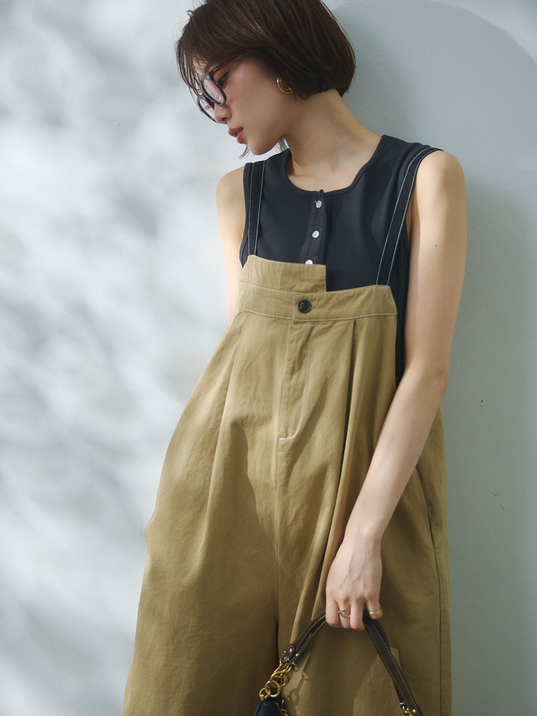 [予約]カットオフコットンツイル配色ステッチサロペット/beige
