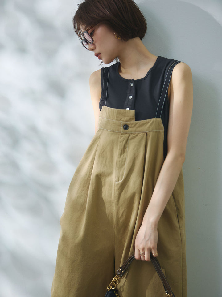 [予約]カットオフコットンツイル配色ステッチサロペット/beige