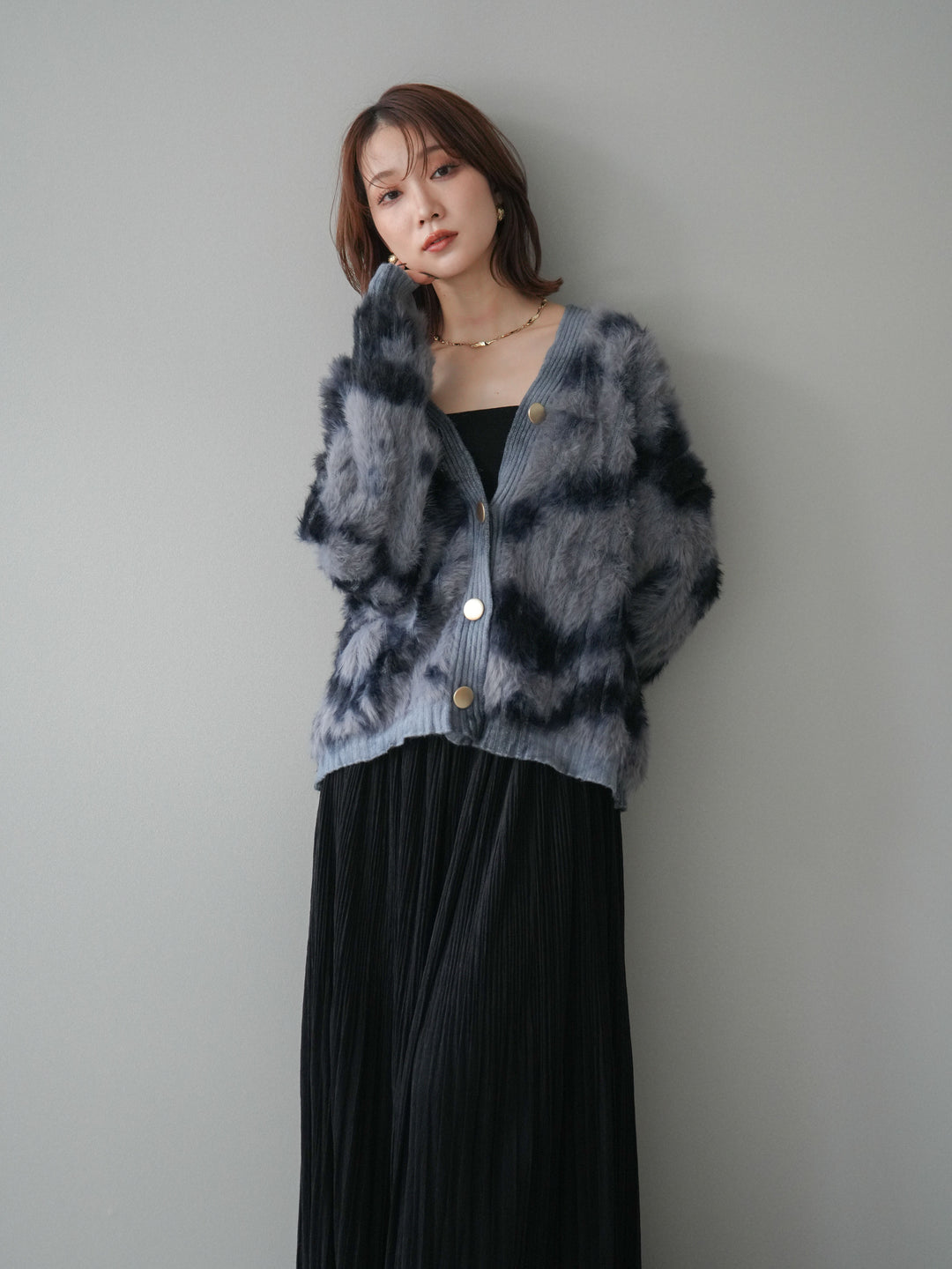 [予約]ニュアンス柄シャギーニットカーディガン/gray