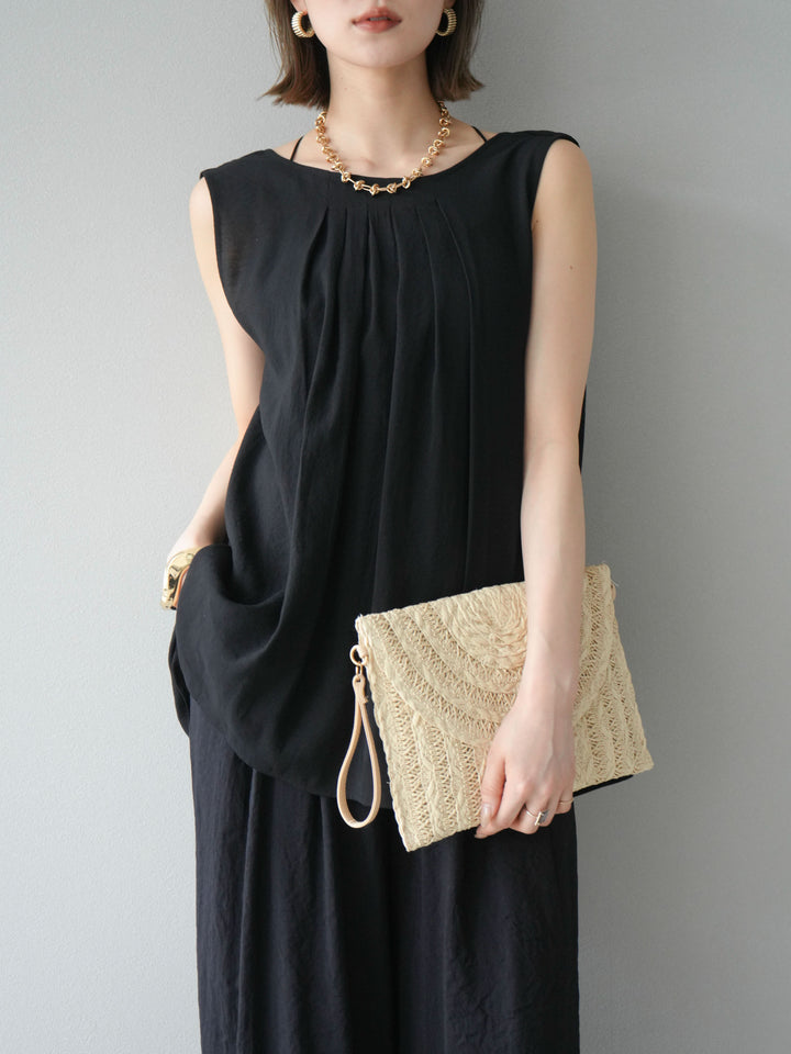 [SET]シボ加工バックツイストブラウス+シボ加工イージーワイドパンツ(2set)