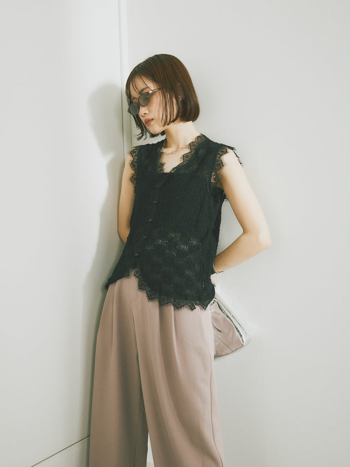 【Allure】[SET]レース切替テープヤーンノースリーブトップス+マーベルトワイドパンツ(2set)