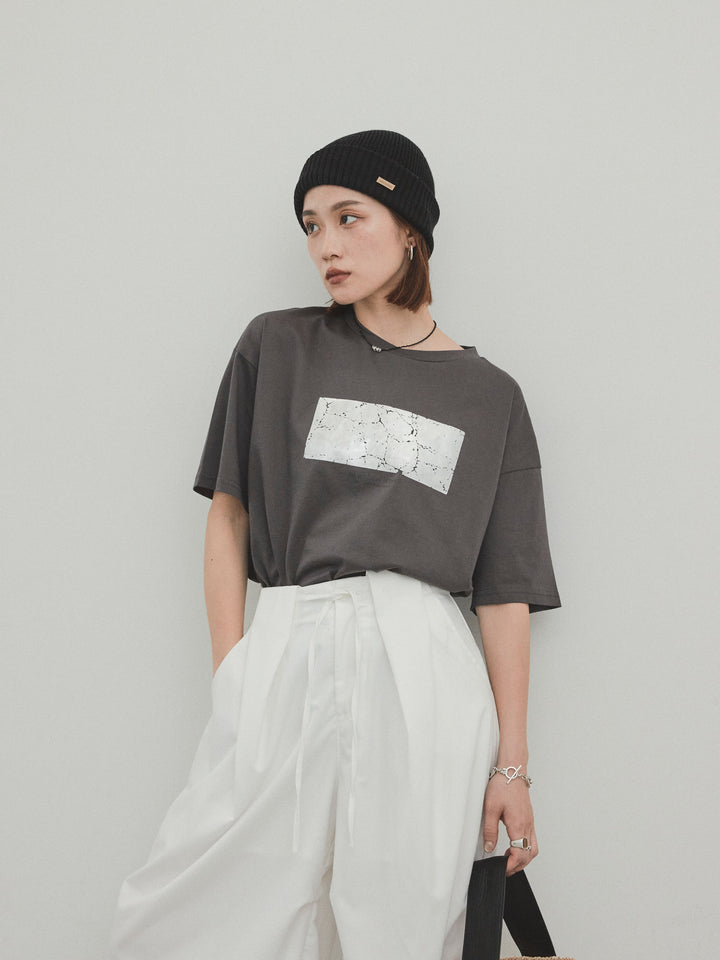 [SET]箔プリントドライタッチコットンTEE +デザインループサイドタックパンツ(2set)