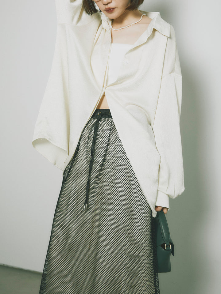 【Allure】[SET]サテンタッチワッシャーオーバーシャツ+メッシュレイヤードスカート(2set)