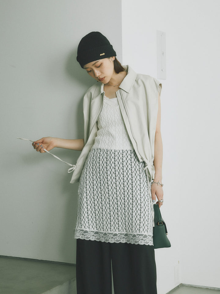 [SET]フェイクレザーノースリーブジャケット+リネンタッチダブルタックワイドパンツ(2set)