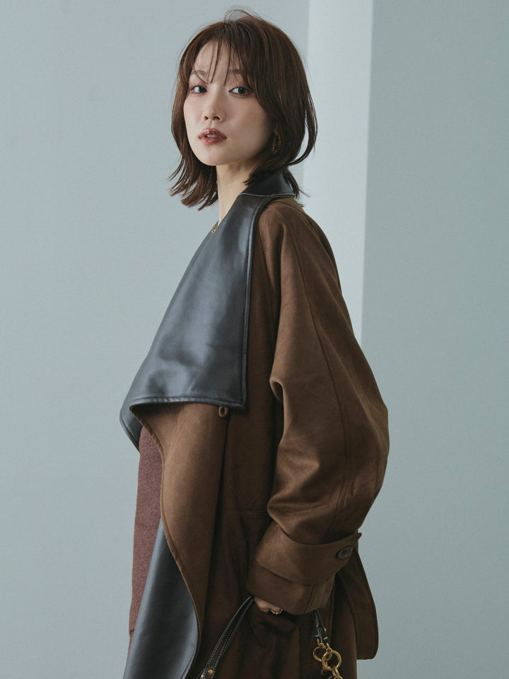 【Allure】[SET]ニットベアトップ＆ワイドパンツSET UP+レザーカラースウェードロングコート(2set)