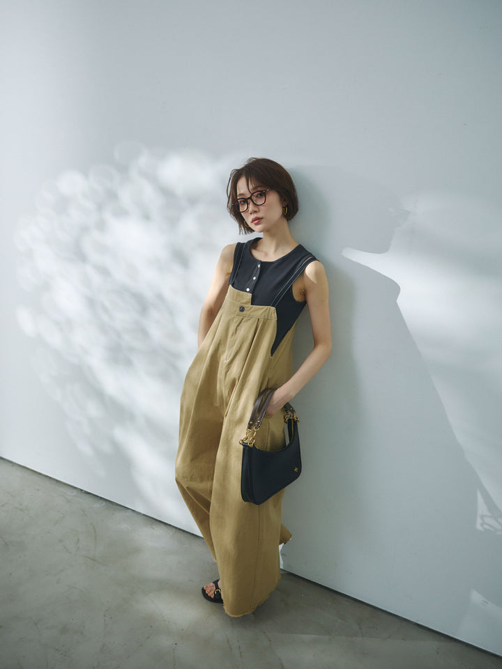 [予約]カットオフコットンツイル配色ステッチサロペット/beige