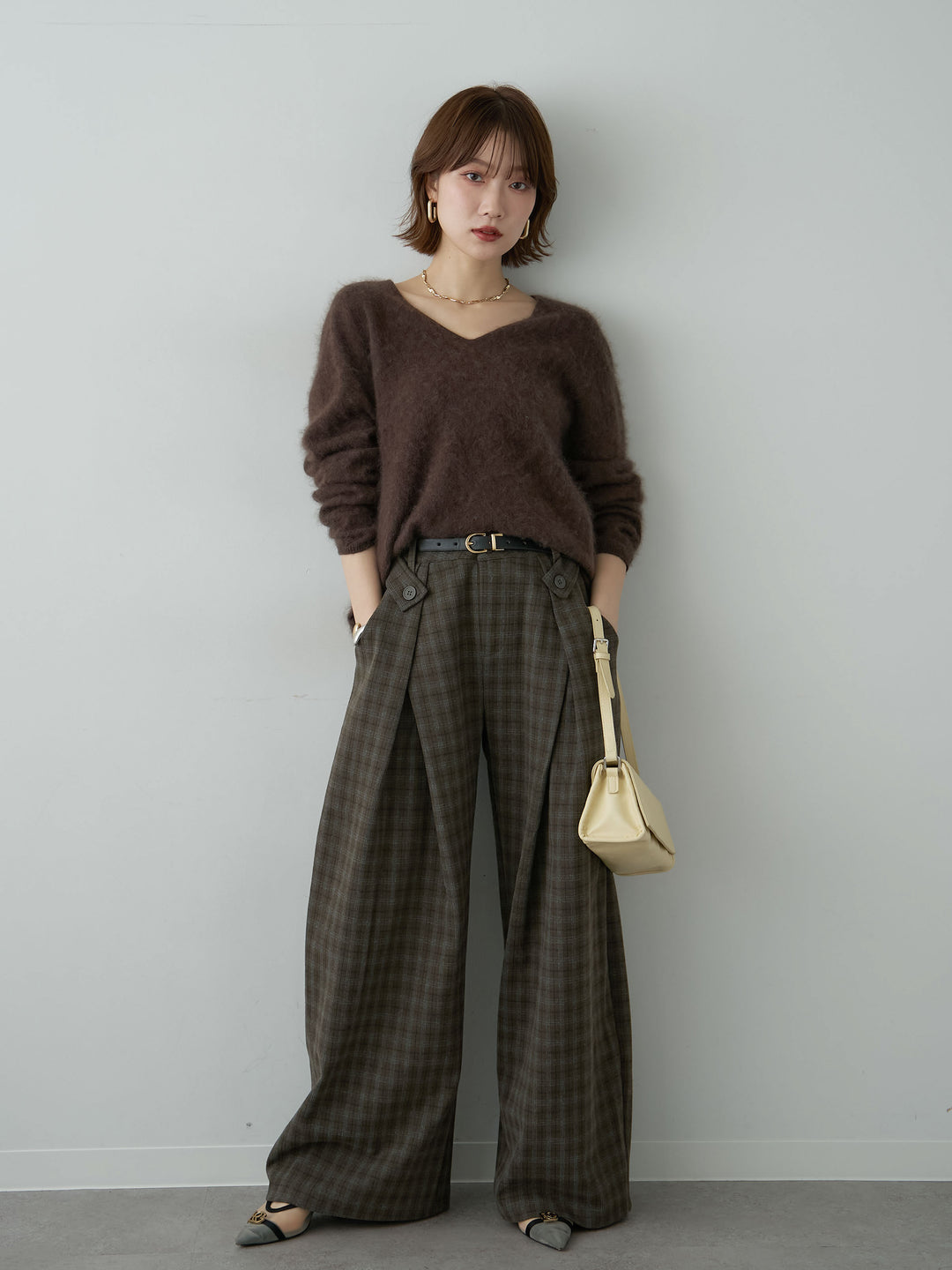[予約]チェックサイドベルトデザインタックパンツ/green
