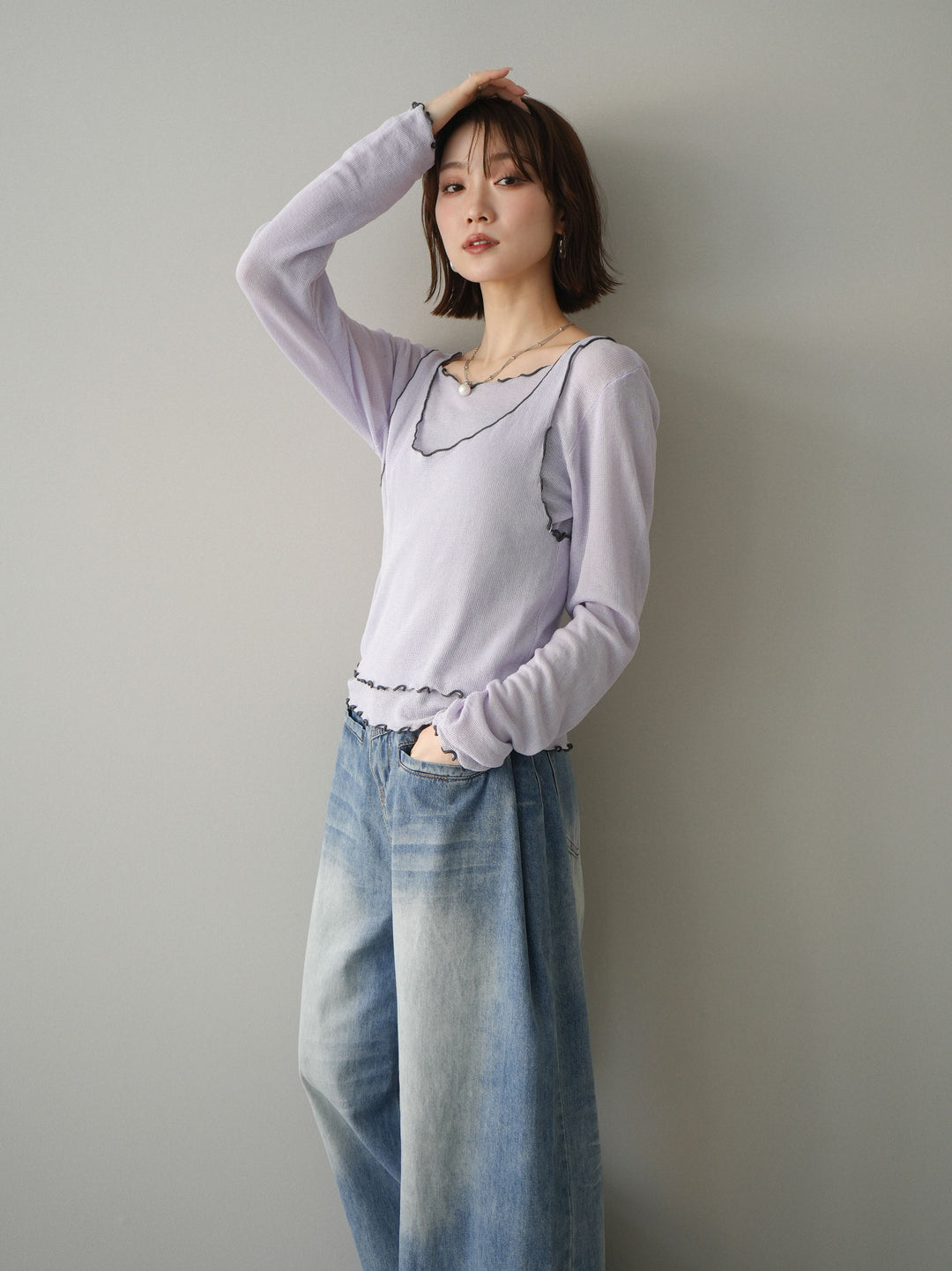 [予約]バイカラーメローアンサンブルシアーニットトップス/purple