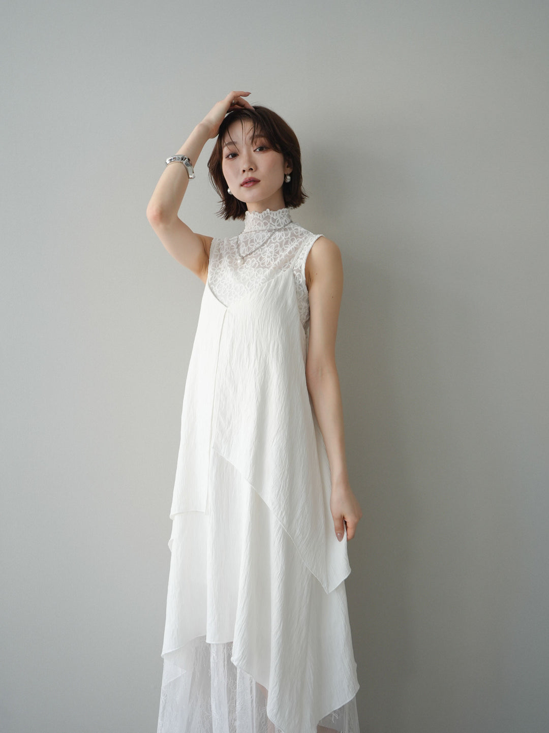 [予約]レース切替アシンメトリーワンピース/white