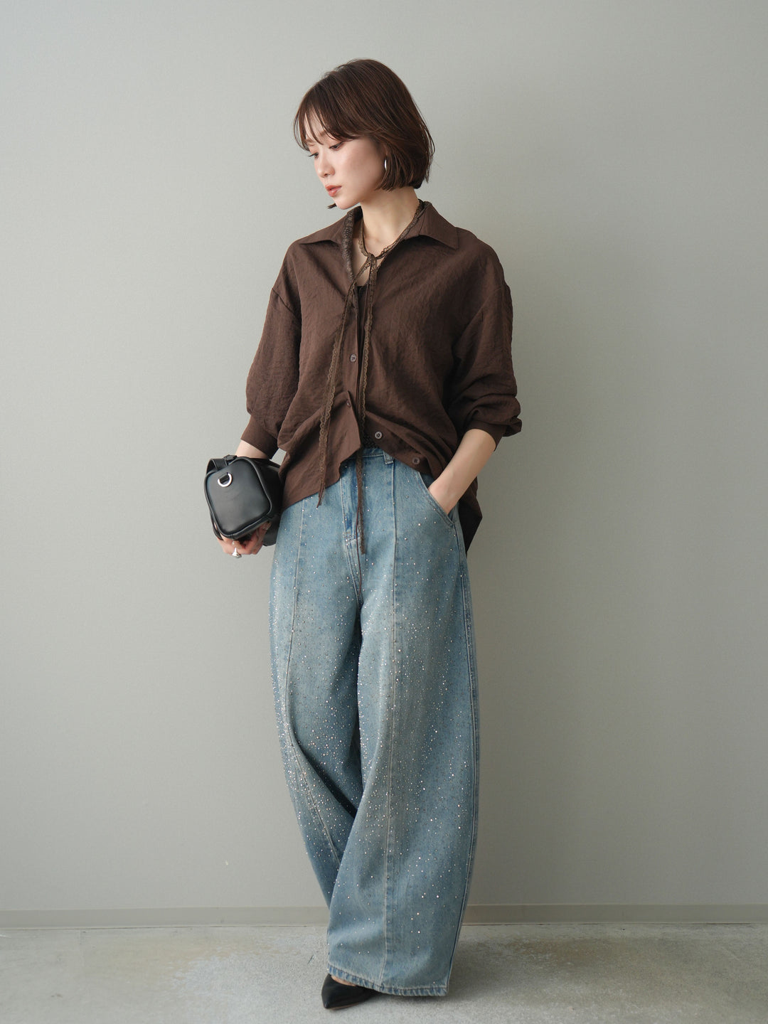 [予約]フロントビジューカーブデニムパンツ/lightblue
