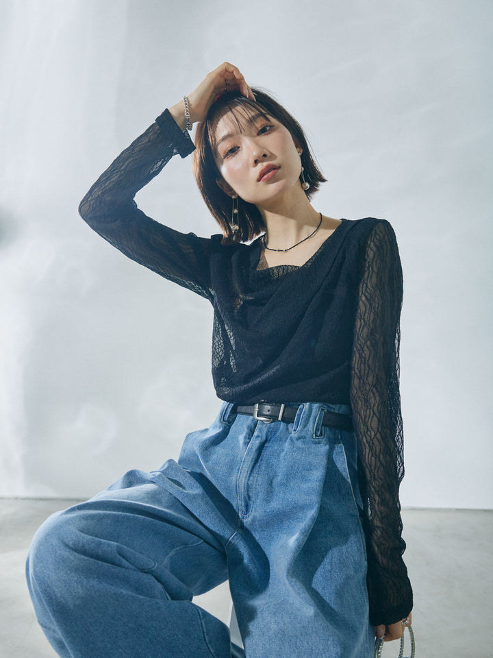[予約]ストレッチレースドレープトップス/black