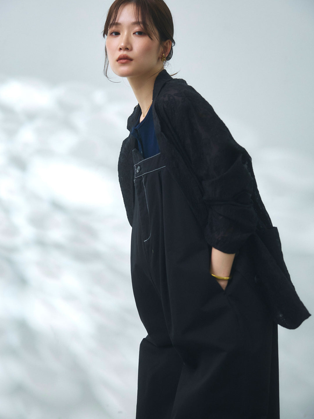 [予約]カットオフコットンツイル配色ステッチサロペット/black