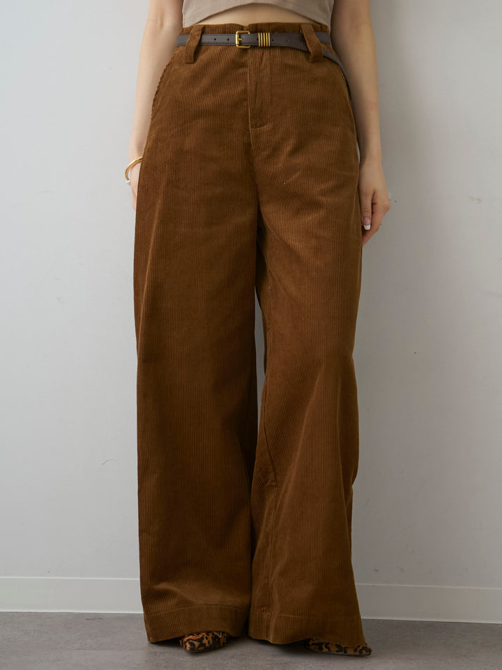 [予約]ベルト付コーディロイワイドストレートパンツ/brown