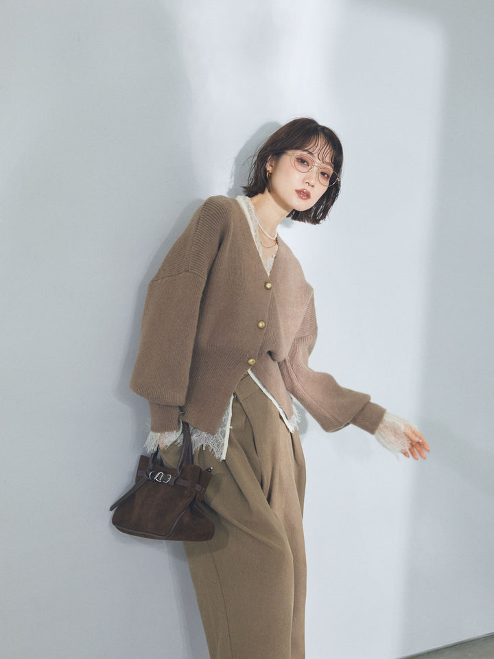 【Allure】[SET]ゴールドボタンニットカーディガン×レースブラウスSET