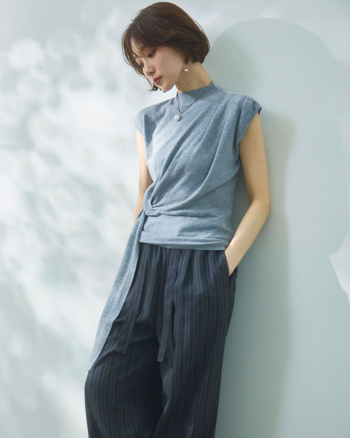 [予約]サイドベルトボトルネックノースリーブニットトップス/gray