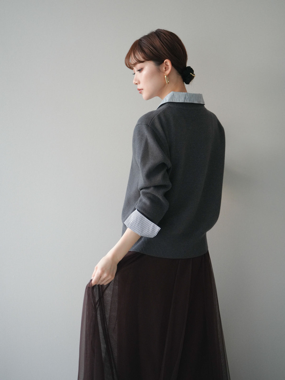 [予約]シャツドッキングデザイン裾ボタンニットプルオーバー/gray