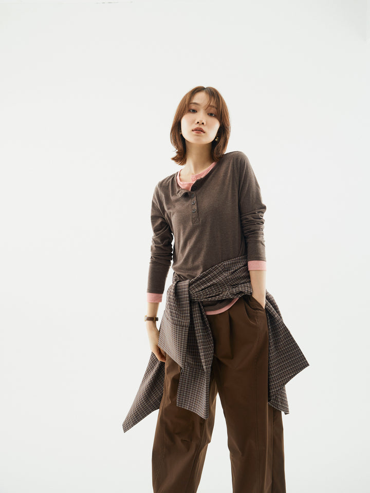 【Allure】[SET]配色レイヤードヘンリーネックトップス+タフタワイドカーブパンツ+チェックBIGカフスオーバーシャツ(3set)