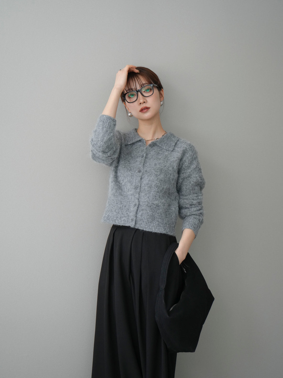 [予約]モヘア衿付きボタンプルオーバー/charcoal