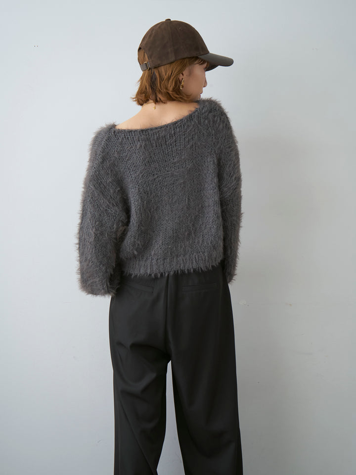 [SET]Vネックシャギークロップニットトップス+ツイルタックワイドパンツ(2set)