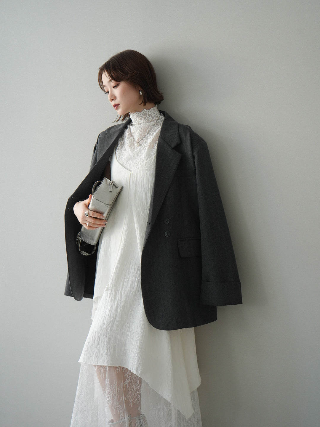 [予約]レース切替アシンメトリーワンピース/white